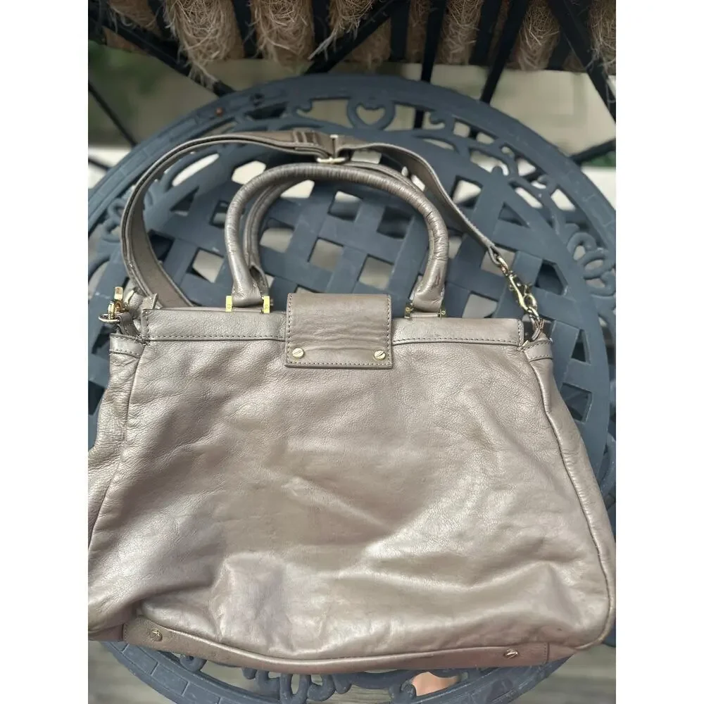 Tory Burch Holland Satchel Taupe Gray Leather Shoulder Bag Crossbody Tote Purse
